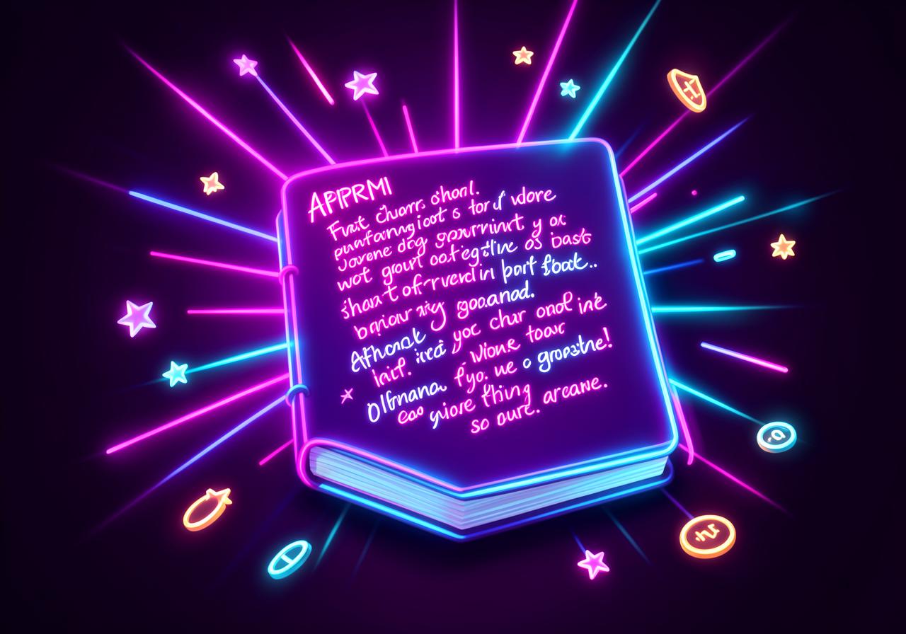 Neon affirmation journal glowing with wealth affirmations — Manifest Money Now